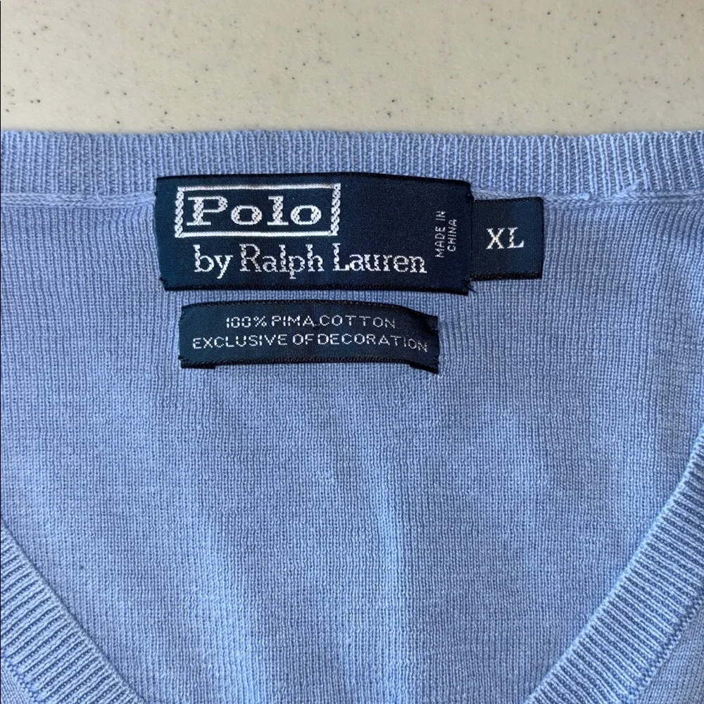 Polo Ralph Lauren Men Pima Cotton V Neck light Blue Sweater Size XL